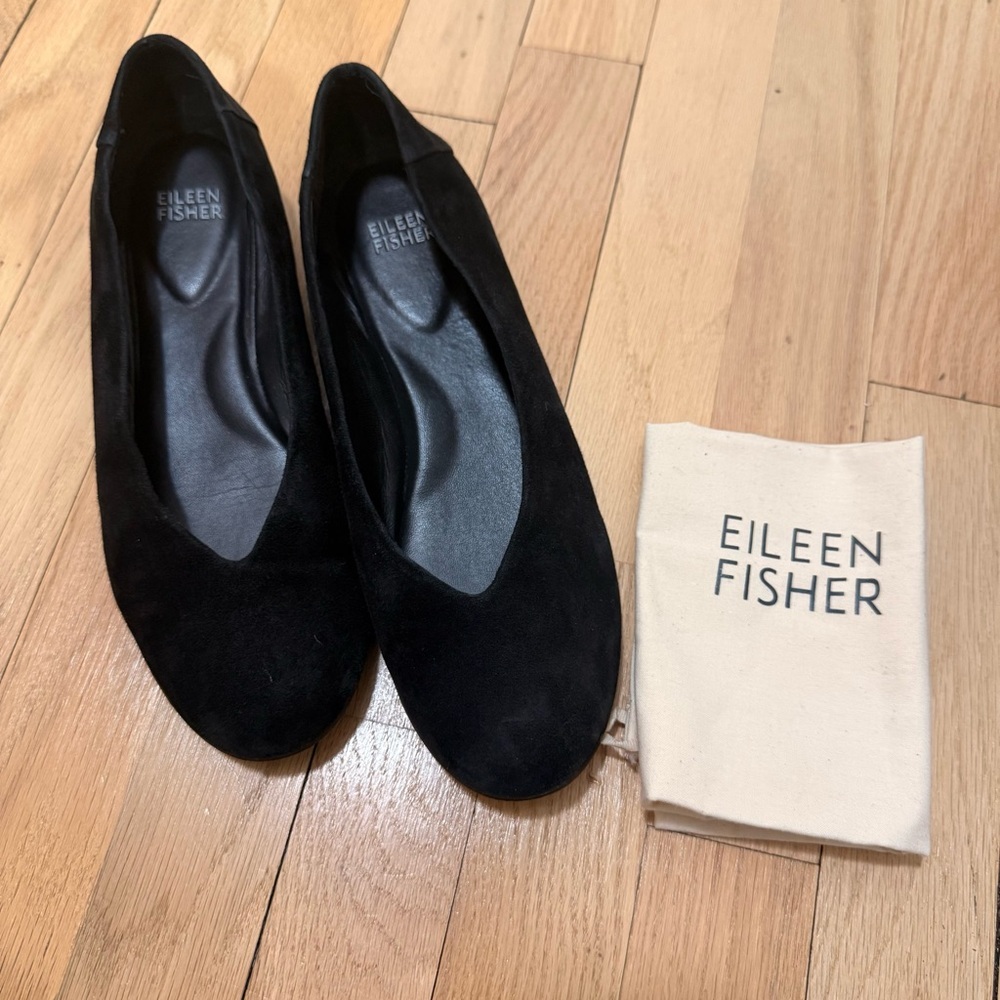 Eileen Fisher Una Ballet Flats Black Suede Leather Hidden Wedge Slip On Size 7.5